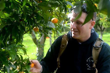 U.S. Marine Corps Staff Sgt. William Negahnquet picks oranges while participating in a community relations event in Lisbon, Portugal, Feb. 28, 2014, during a port visit of the amphibious assault ship USS Bataan 140228-N-MW280-260
