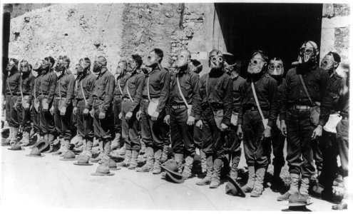 U.S. Marines standing in ranks with gas masks attached; France, 1918 LCCN2005694933