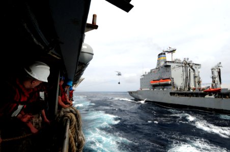 U.S. Marines aboard the dock landing ship USS Comstock (LSD 45) watch an MH-60S Seahawk helicopter transfer supplies during and underway replenishment with the fleet replenishment oiler USNS Rappahannock (T-AO 110317-N-RC734-454