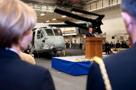 U.S. Navy Adm. Harry Harris, at lectern, the commander of U.S. Pacific Fleet, delivers remarks during a reception aboard the amphibious assault ship USS America (LHA 6) Aug. 25, 2014, in Valparaiso, Chile 140825-N-LQ799-152