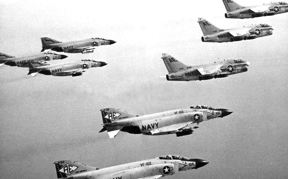 U.S. Navy aircraft from Attack Carrier Air Wing 6 in flight during a sortie over Vietnam, in 1968