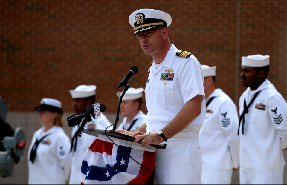 U.S. Navy Capt. Dave Welch, the commanding officer of Surface Warfare Officers School, speaks during a 9-11 commemoration ceremony at Naval Station Newport, R.I., Sept 140911-N-PX557-144