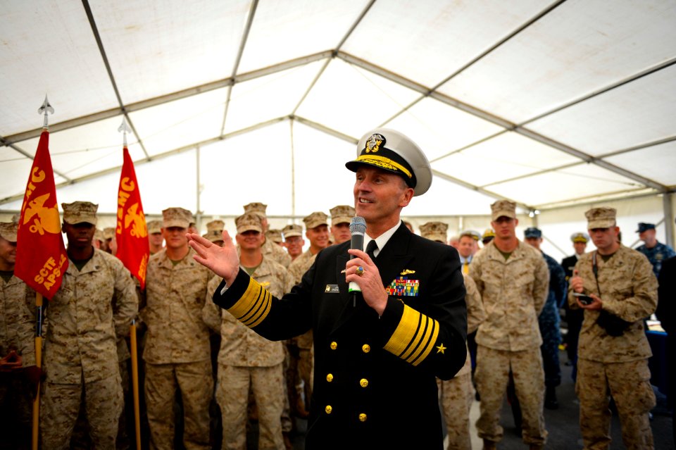 U.S. Navy Chief of Naval Operations Adm. Jonathan Greenert, center, speaks to Sailors and Marines aboard the amphibious dock landing ship USS Fort McHenry (LSD 43) during an all hands call with Secretary of 120831-N-WL435-235