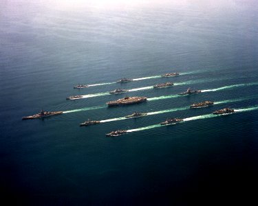 U.S. Navy Battle Group Echo underway in formation in the northern Arabian Sea on 1 November 1987 (6429483)