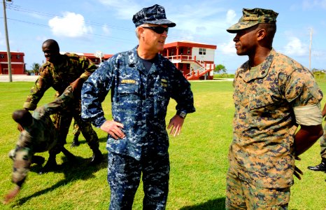 U.S. Navy Capt. Michael Jacobsen with members of the Barbados Defense Force practicing self-defense techniques