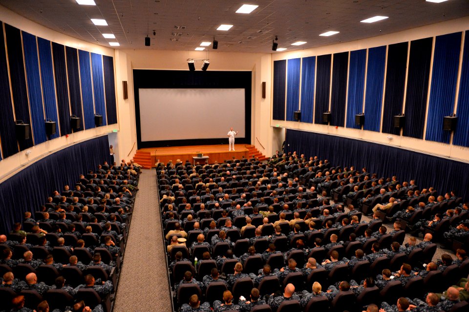 U.S. Navy Chief of Naval Operations Adm. Jonathan W. Greenert addresses Sailors during an all-hands call inside the Skywarrior Theater at Naval Air Station Whidbey Island, Wash., Aug. 7, 2012 120807-N-WL435-562