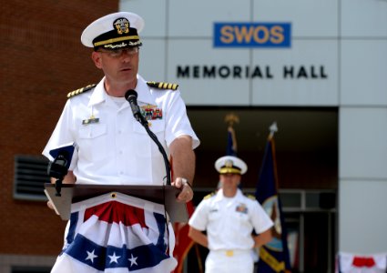 U.S. Navy Capt. Dave Welch, the commanding officer of Surface Warfare Officers School, speaks during a 9-11 commemoration ceremony at Naval Station Newport, R.I., Sept 140911-N-PX557-158 photo