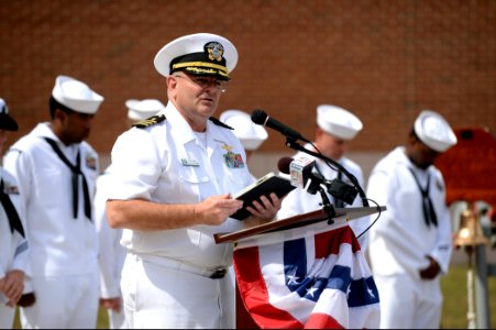 U.S. Navy Cmdr. Carl Trost, a chaplain, speaks during a 9-11 commemoration ceremony at Naval Station Newport, R.I., Sept 140911-N-PX557-221 photo