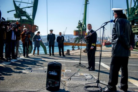 U.S. Navy Cmdr. Andrew Biehn, second from right, the commanding officer of the guided missile destroyer USS Truxtun (DDG 103) holds a press conference following a multilateral exercise with Romania and Bulgaria 140314-N-EI510-046