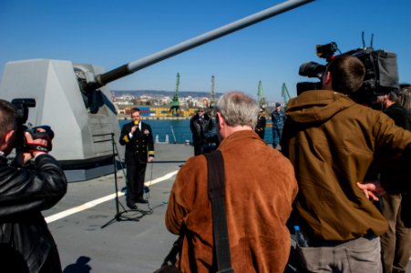 U.S. Navy Cmdr. Andrew Biehn, second from left, the commanding officer of the guided missile destroyer USS Truxtun (DDG 103) holds a press conference following a multilateral exercise with Romania and Bulgaria 140314-N-EI510-038