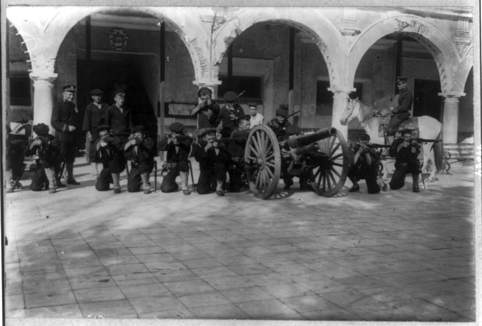 U.S. Navy in action at Vera Cruz, Mexico, 1914- riflemen & field gun guarding government building LCCN2006685916