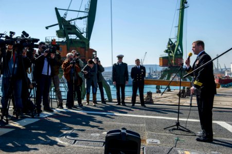 U.S. Navy Cmdr. Andrew Biehn, right, the commanding officer of the guided missile destroyer USS Truxtun (DDG 103) holds a press conference following a multilateral exercise with Romania and Bulgaria in Varna 140314-N-EI510-032