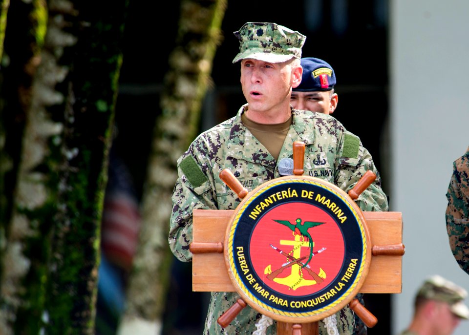 U.S. Navy Cmdr. Jeffrey V. Morganthaler, the commanding officer ashore for Southern Partnership Station (SPS) 2014, delivers remarks during an SPS 2014 closing ceremony at the Guatemalan Marine Brigade base 140822-N-XQ474-108
