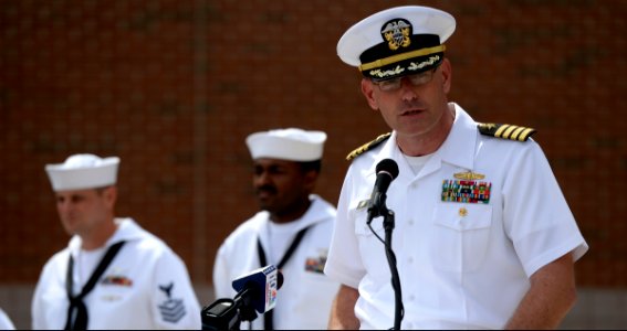 U.S. Navy Capt. Dave Welch, the commanding officer of Surface Warfare Officers School, speaks during a 9-11 commemoration ceremony at Naval Station Newport, R.I., Sept 140911-N-PX557-134 photo