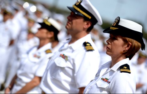 U.S. Navy Lt. j.g. Lisa Lill, right; Lt. Cmdr. Douglas High, center, the executive officer of the U.S. Naval War College (NWC) Public Affairs Reserve Component; and Cmdr. Kelly Brannon, the public affairs 140911-N-PX557-170