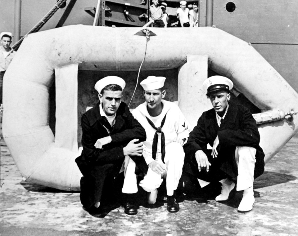 U.S. Navy sailors Pastula, Aldrich, and Dixon and life raft in which they spent 34 days, 1942 (40691294660)
