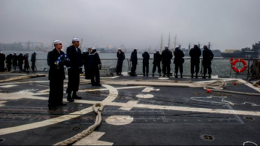 U.S. Sailors aboard the guided missile destroyer USS Truxtun (DDG 103) prepare to pull into Constanța, Romania, March 8, 2014 140308-N-EI510-244