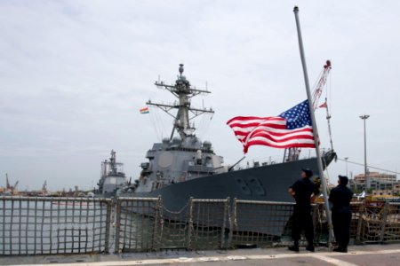 U.S. Navy personnel aboard the USS Shoup (DDG 86) as the ship prepares to depart Chennai to begin the at-sea phase of Malabar 2017
