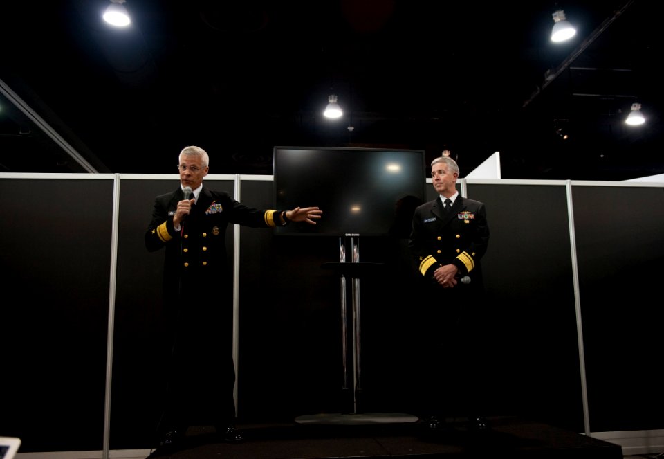 U.S. Navy Rear Adm. Matthew Klunder, left, the chief of naval research, and Rear Adm. Thomas Eccles, the chief engineer and deputy commander for naval systems engineering, Naval Sea Systems Command, answer 130408-N-PO203-148