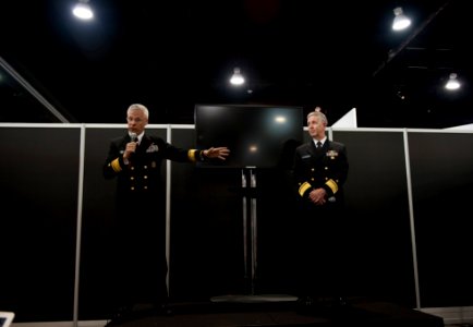 U.S. Navy Rear Adm. Matthew Klunder, left, the chief of naval research, and Rear Adm. Thomas Eccles, the chief engineer and deputy commander for naval systems engineering, Naval Sea Systems Command, answer 130408-N-PO203-148