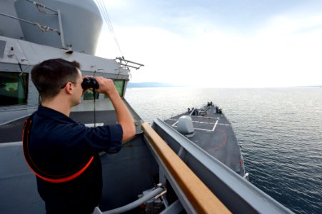 U.S. Navy Ensign Shea Miller watches for outbound civilian merchant traffic aboard the guided missile destroyer USS Ross (DDG 71) in the Dardanelles en route to the Black Sea Sept 140903-N-IY142-123
