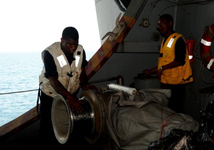 U.S. Navy Seaman Jacolby Conway, left, and Seaman Jordan Fortenberry prepare a capstan for an underway replenishment aboard the aircraft carrier USS George H.W. Bush (CVN 77) July 1, 2014, in the Persian Gulf 140701-N-MU440-022