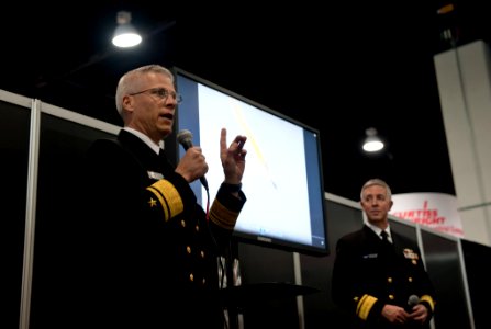 U.S. Navy Rear Adm. Matthew Klunder, left, the chief of naval research, and Rear Adm. Thomas Eccles, the chief engineer and deputy commander for naval systems engineering, Naval Sea Systems Command, answer 130408-N-PO203-111