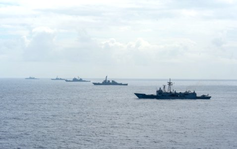 U.S. Navy ships with Destroyer Squadron (DESRON) 26 maneuver into formation while transiting the Atlantic Ocean to Scotland March 19, 2014, in support of exercise Joint Warrior 14-1 140319-N-WX580-326