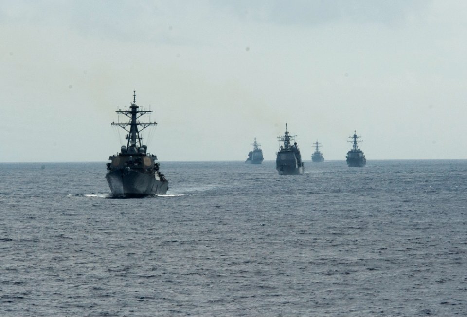 U.S. Navy ships with Destroyer Squadron (DESRON) 26 transit the Atlantic Ocean to Scotland March 19, 2014, in support of exercise Joint Warrior 14-1 140319-N-WX580-335