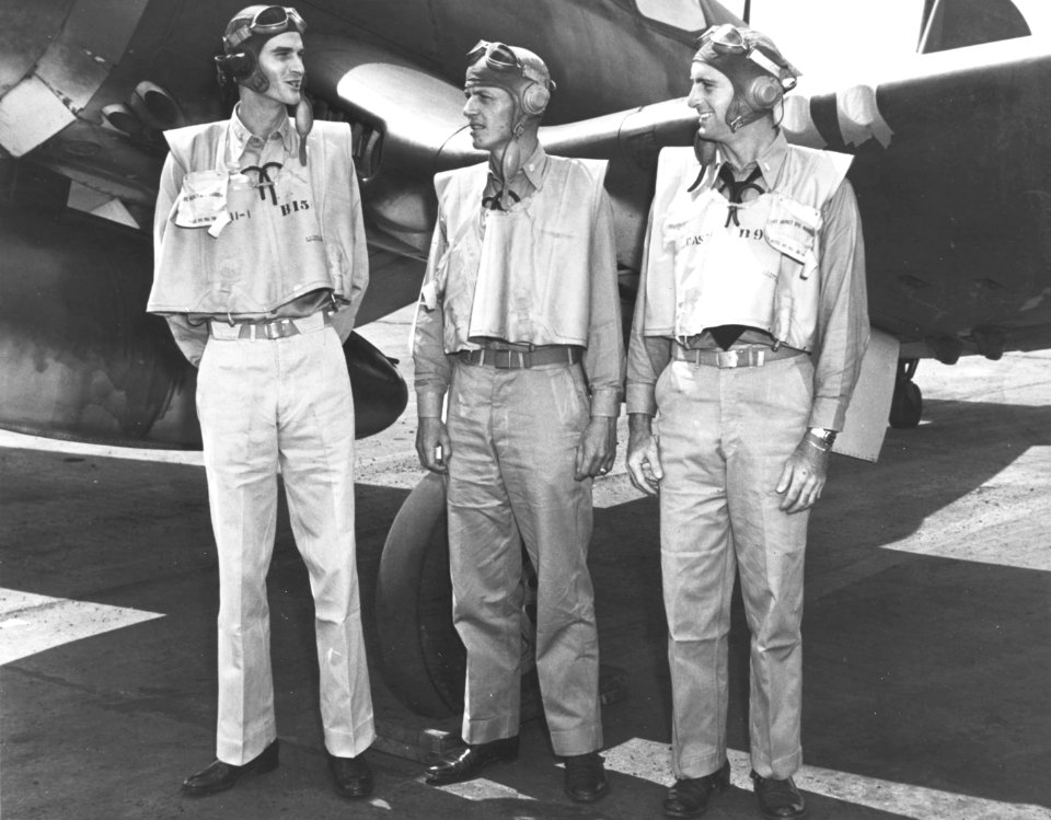 U.S. Navy VF-17 aces Hedrick, Blackburn and Kepford on 22 March 1944 (80-G-220347)
