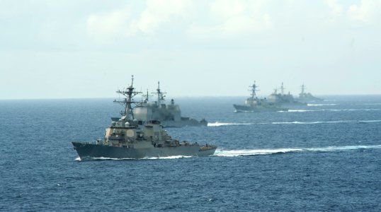 U.S. Navy ships with Destroyer Squadron (DESRON) 26 maneuver into formation while transiting the Atlantic Ocean to Scotland March 19, 2014, in support of exercise Joint Warrior 14-1 140319-N-WX580-219 photo