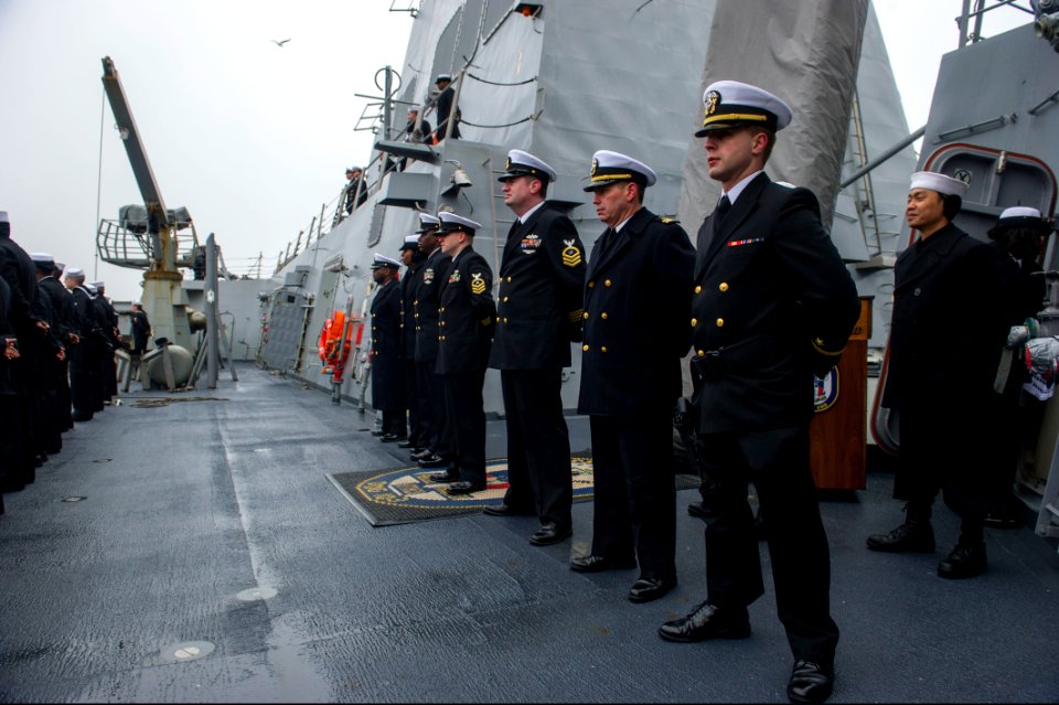 U.S. Sailors aboard the guided missile destroyer USS Truxtun (DDG 103) prepare to pull into Constanța, Romania, March 8, 2014 140308-N-EI510-274
