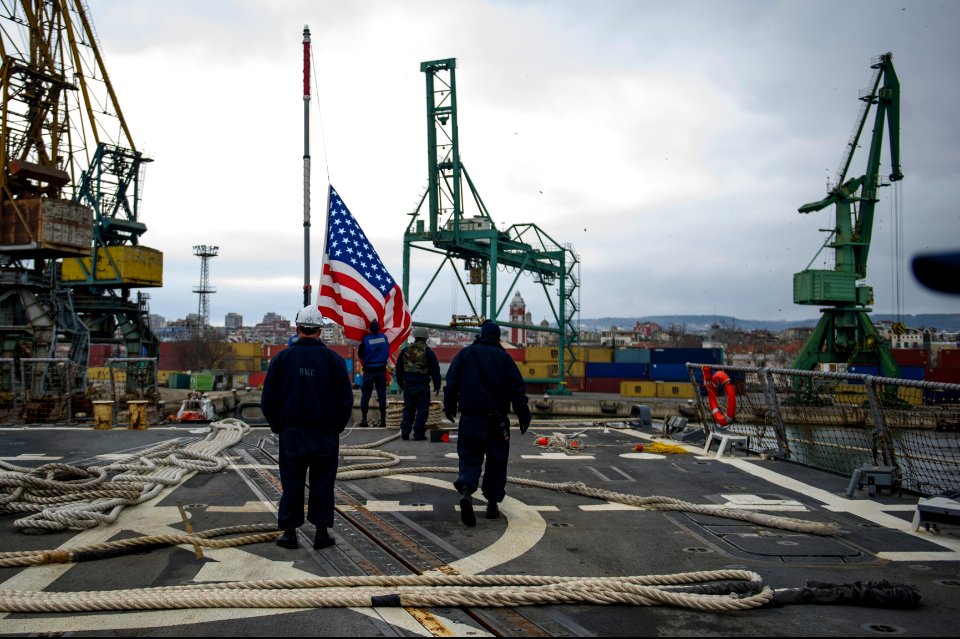 U.S. Sailors prepare to get underway aboard the guided missile destroyer USS Truxtun (DDG 103) in Varna, Bulgaria, after a scheduled port visit March 16, 2014 140316-N-EI510-042