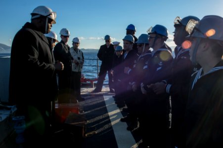 U.S. Sailors hold a safety brief aboard the guided missile cruiser USS Philippine Sea (CG 58) before setting anchor in Piraeus, Greece, for a scheduled liberty port visit March 4, 2014 140304-N-PJ969-102 photo
