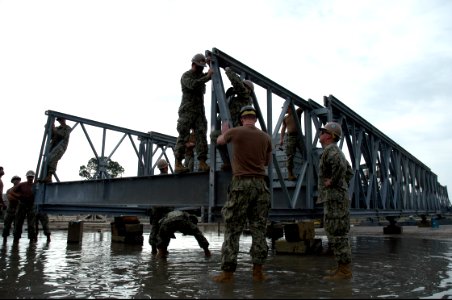 U.S. Sailors with Naval Mobile Construction Battalion (NMCB) 25 finish installation of a push bay during truss bridge construction training in Gulfport, Miss., Feb. 25, 2014 140225-N-JP566-016