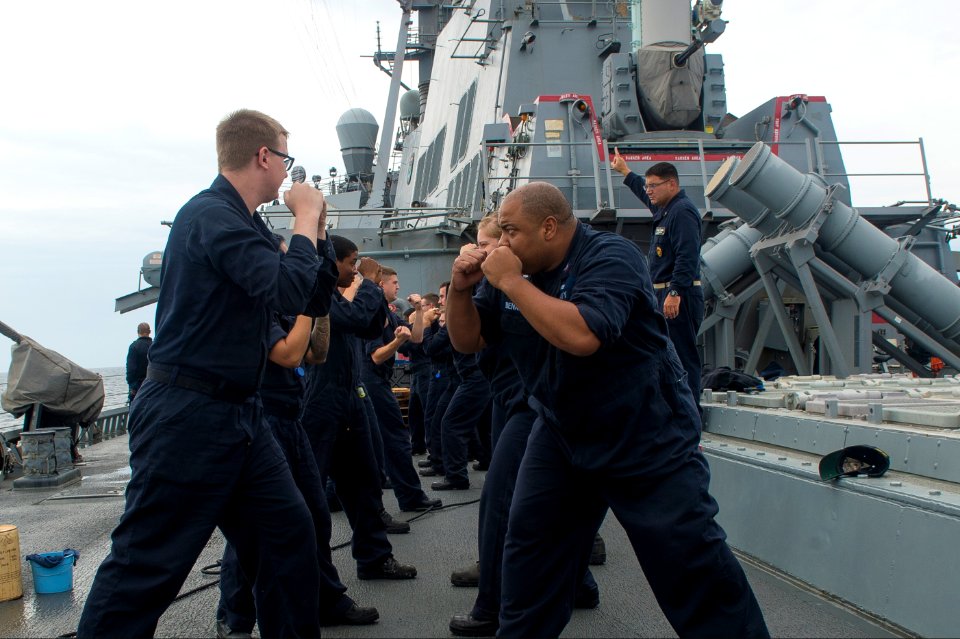 U.S. Sailors conduct self-defense training aboard the guided-missile destroyer USS Cole (DDG 67) in the Black Sea Oct. 18, 2014 141018-N-IY142-399