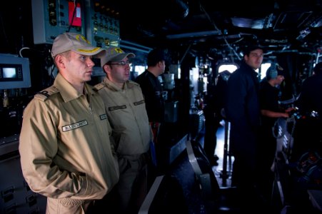 U.S. Sailors assigned to the guided missile destroyer USS Truxtun (DDG 103) work alongside Bulgarian and Romanian sailors on the ship's bridge while underway in the Bosphorus strait March 7, 2014 140307-N-EI510-067