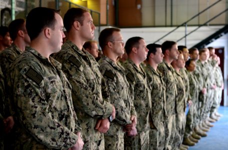 U.S. Sailors assigned to Commander, Task Force (CTF) 56 stand in formation during awards quarters at Naval Support Activity Bahrain in Manama, Bahrain, Feb. 13, 2014 140213-N-OU681-076