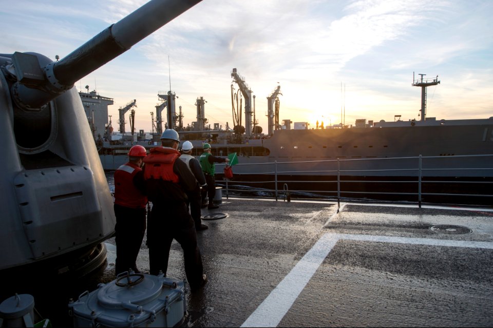 U.S. Sailors prepare for a replenishment at sea aboard the guided missile cruiser USS Philippine Sea (CG 58) in the Atlantic Ocean Feb. 23, 2014 140223-N-PJ969-191