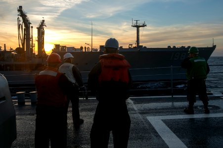U.S. Sailors prepare for a replenishment at sea aboard the guided missile cruiser USS Philippine Sea (CG 58) in the Atlantic Ocean Feb. 23, 2014 140223-N-PJ969-188