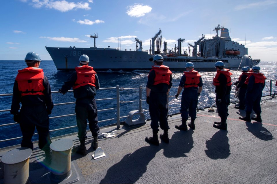 U.S. Sailors prepare for a replenishment at sea aboard the guided missile cruiser USS Philippine Sea (CG 58) in the Atlantic Ocean Feb. 23, 2014 140223-N-PJ969-025