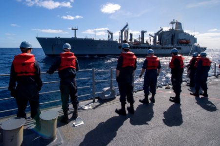 U.S. Sailors prepare for a replenishment at sea aboard the guided missile cruiser USS Philippine Sea (CG 58) in the Atlantic Ocean Feb. 23, 2014 140223-N-PJ969-025 photo