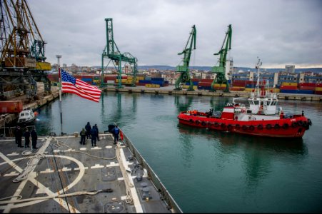 U.S. Sailors, left, prepare to get underway aboard the guided missile destroyer USS Truxtun (DDG 103) in Varna, Bulgaria, after a scheduled port visit March 16, 2014 140316-N-EI510-025