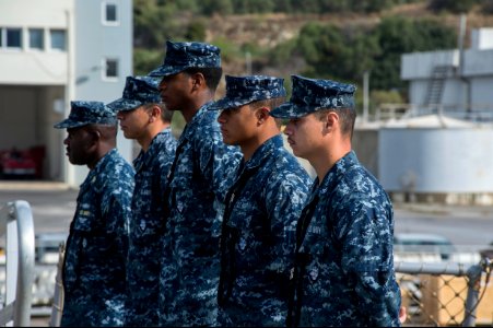 U.S. Sailors stand in formation aboard the guided missile destroyer USS Ramage (DDG 61) in preparation for a visit by Secretary of the Navy Ray Mabus Nov. 15, 2013, at Naval Support Activity Souda Bay, Greece 131115-N-VC236-005