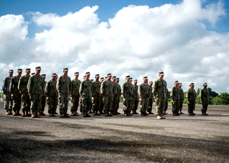 U.S. Service members participate in a closing ceremony at the Guatemalan Marine Brigade base in Puerto Barrios, Guatemala, Aug. 22, 2014, as part of Southern Partnership Station (SPS) 2014 140822-N-XQ474-040