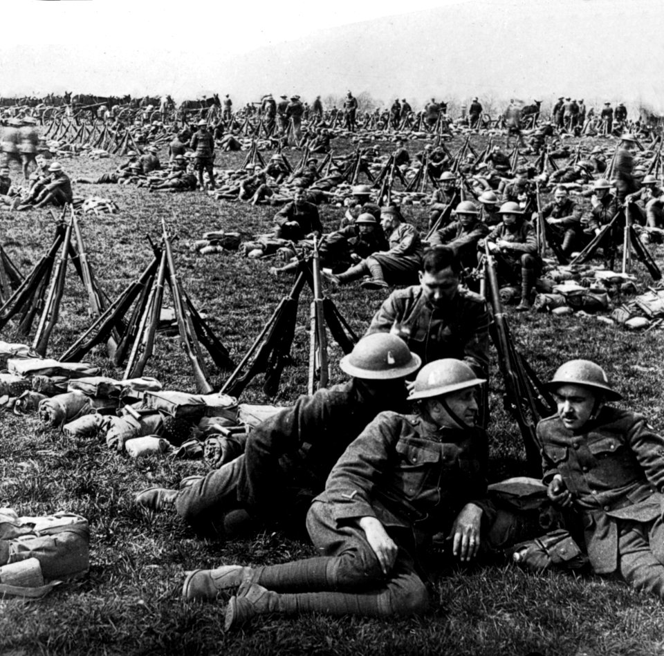 U.S. soldiers of the 89th Infantry Divison resting before review, Trier, Germany, 23 April 1919 (stereo.1s04253)