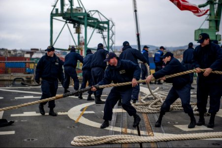U.S. Sailors prepare to get underway aboard the guided missile destroyer USS Truxtun (DDG 103) in Varna, Bulgaria, after a scheduled port visit March 16, 2014 140316-N-EI510-031