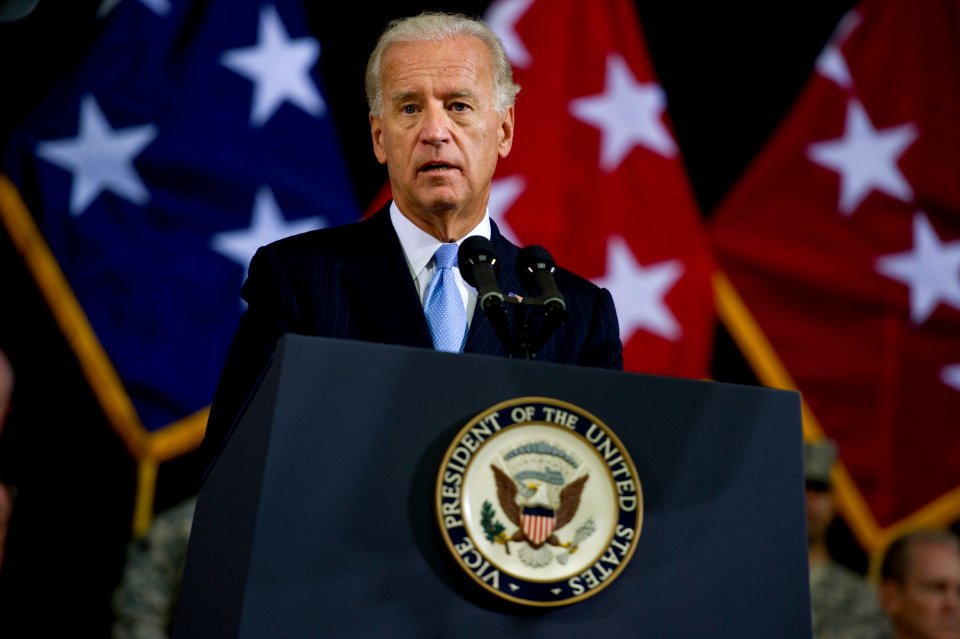 U.S. Vice President Joe Biden speaks at a U.S. Forces-Iraq change of command ceremony in Baghdad, Iraq, Sept 100901-N-TT977-172