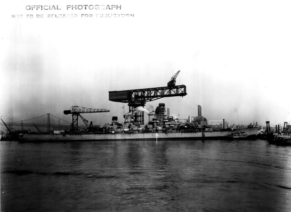 U.S.S. Iowa (BB61) in the New York Navy Yard looking aft from about Frame 120