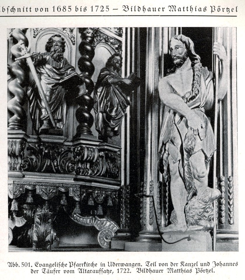 Uderwangen, Evangelische Pfarrkirche, Kanzel und Johannes der Täufer vom Altaraufsatz, 1722, Bildhauer Matthias Pörtzel